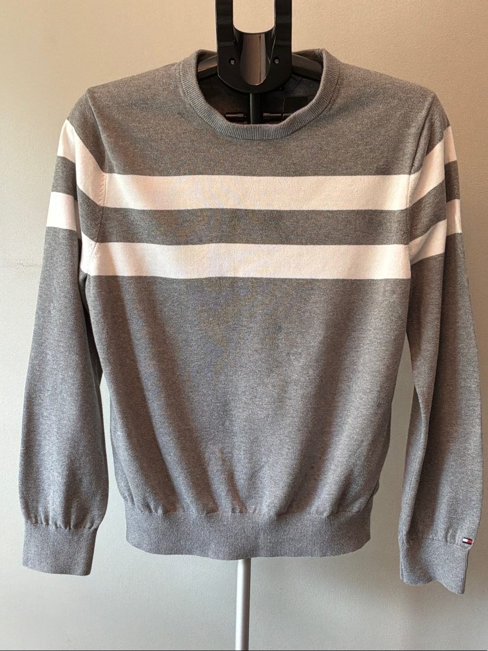 Tommy Hilfiger Gray and White Striped Crewneck Sweater